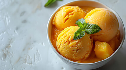 Mango sorbet scoops in bowl with mint leaf on textured background. Refreshing dessert photography with copy space for design and culinary blogs