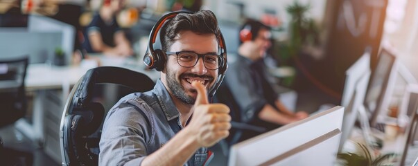 A portrait of the happy and smile worker in a call center with headphones with microphone on the head .