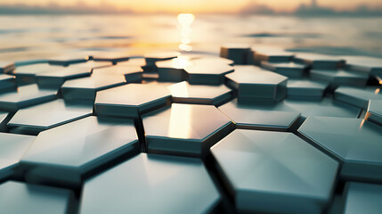 Obraz premium Abstract landscape of hexagonal shapes at sunset with reflective surface