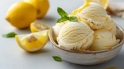 Scoops of lemon gelato with fresh lemon zest and mint leaves on a white background. Refreshing dessert concept. Culinary styling for menu, food blog, poster. - obrazy, fototapety, plakaty