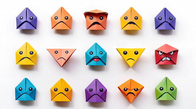 Group of many colorful angry and sad origami paper emoticons on white background. Generated by AI.