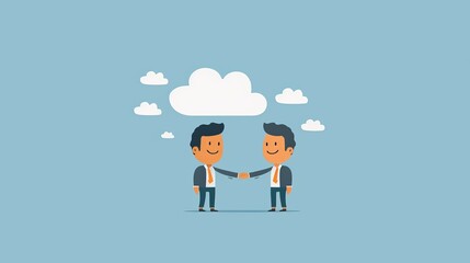 A cartoon character shaking hands with a cloud, symbolizing partnership and cloud commerce, text space