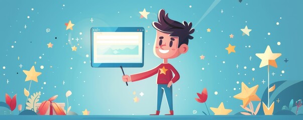 A cartoon character with a magic wand and a website, representing website optimization, bright, room for text