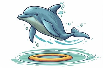 A cartoon dolphin with a laptop, jumping through social media hoops, symbolizing agility in marketing, room for text