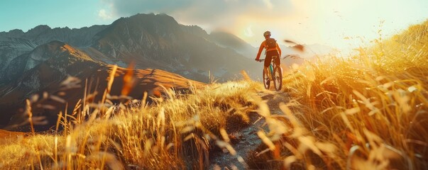 A view of the rider on the bicycle in the beutiful moutain path vwith sunset and nice landscape views. - obrazy, fototapety, plakaty