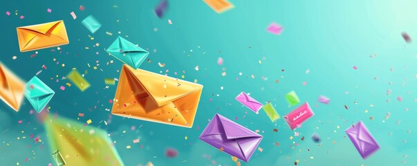 A cartoon newsletter floating on a bright background, representing email marketing, with space for text