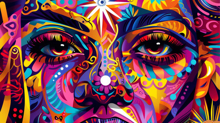 Vibrant vector face with intricate patterns and vivid colors, celebrating diversity and cultural richness.