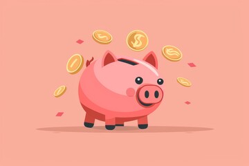 A cartoon piggy bank with coins falling into it, representing cost reduction strategies, isolated, space for text