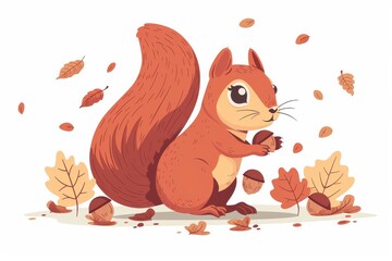 A cartoon squirrel with acorns labeled with keywords, depicting keyword bidding, clear and minimalist, space for text