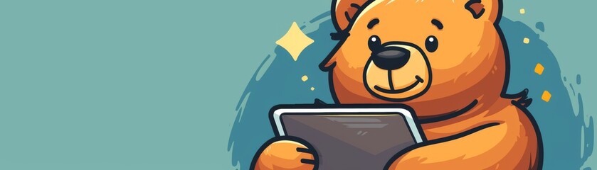A cute bear cartoon using a tablet to share content, symbolizing strength in brand messaging, clear and isolated, text space