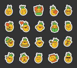 Cute kawaii pineapple fruit. Sticker Bookmark. Adorable cartoon food character. Hand drawn style. Vector drawing. Collection of design elements.