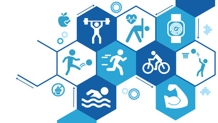 Sports vector EPS 10. Blue concept with no people and icons related to exercising, training and fitness, heart health, healthy and sportive active lifestyle