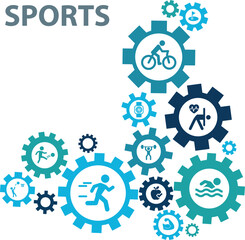 Sports vector EPS 10. Blue concept with no people and icons related to exercising, training and fitness, heart health, healthy and sportive active lifestyle