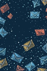Hand-drawn style email icons floating over an isolated backdrop, representing diverse email marketing strategies, space for caption