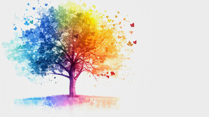 rainbow colored tree againt white background with copy space