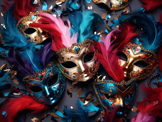Abstract illustration of beautiful carnival masks with feathers. The background.	