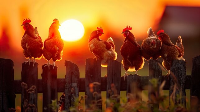 Group of chickens on a wooden fence at sunset