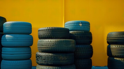 Black and yellow tires on blue background, Stack of new tires
