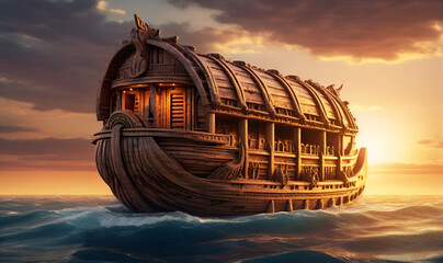 An ancient wooden ship sails the waves.