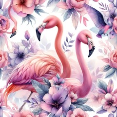 flamingos and flowers seamless pattern, with pink tones
