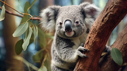 Fototapeta premium A koala is sitting on a tree branch. The koala is looking at the camera and he is smiling