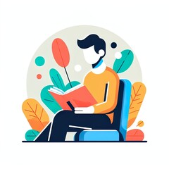Man reading a book illustration minimalistic and colorful. white background.