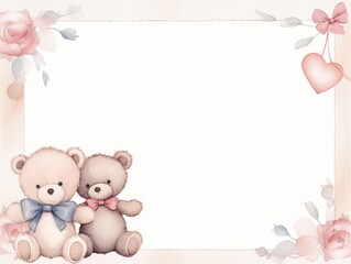 Two teddy bears with bows, one blue and one pink, sitting beside a blank card framed by watercolor flowers. Ideal for greeting cards.