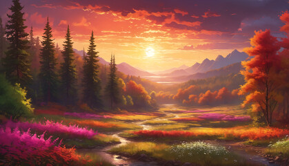 A beautiful, colorful, and picturesque countryside scene with a river running through it. The...