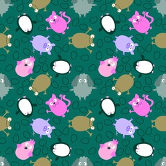 Easter animals and eggs seamless penguin and cats and frogs and chicken and sheep and pig pattern for wrapping