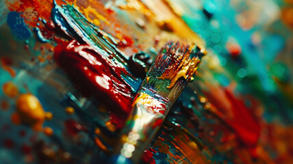 Extreme close-up of a paintbrush handle covered in splatters of various colors, showcasing a...