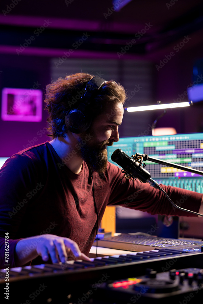 Poster Sound engineer recording piano keys notes and singing on microphone, producing new music with electronic gear. Musician composing songs on midi controller, home studio equipment.