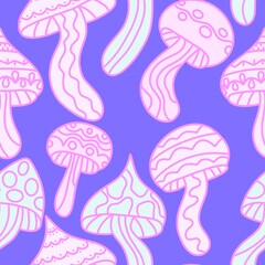 Cartoon autumn harvest seamless neon Halloween mushrooms with skulls pattern for wrapping paper and fabrics