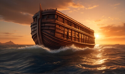 An ancient, huge ship like Noah's Ark floats on the waves.