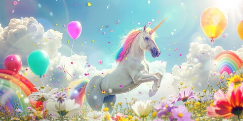 A Majestic Unicorn Gallops Across a Rainbow Sky Among Clouds and Floating Balloons, Generative AI