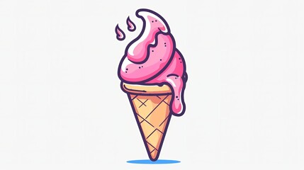 Ice cream scoop in a waffle cone melting on a white background. Simple vector outline icon. Cartoon character illustration in comic style for t-shirt design.