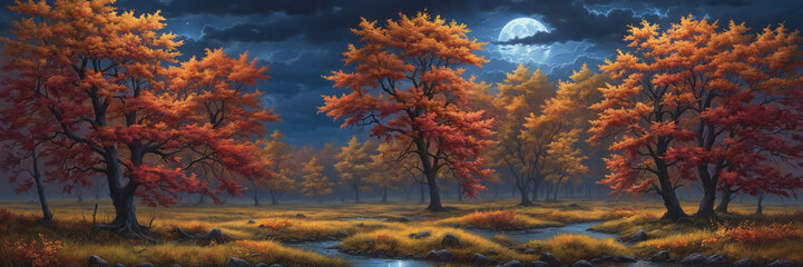Tranquil autumn scene: river flowing between trees under night sky with full moon, clouds, and stars, creating a serene and peaceful outdoor landscape