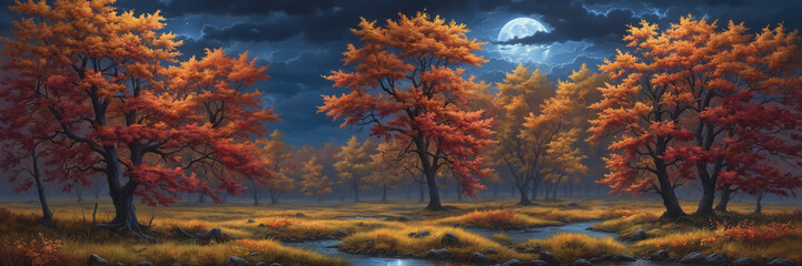 Tranquil autumn scene: river flowing between trees under night sky with full moon, clouds, and stars, creating a serene and peaceful outdoor landscape