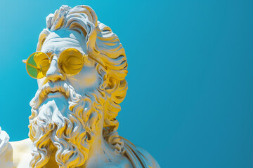 Zeus ancient Greek  statue on blue background. Gypsum statue  head in sunglasses.  Minimal concept art. AI Generated