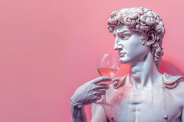 Greek pastel pink colors statue on pink background holding glass of wine. gypsum statue of David. minimal concept art. AI generated