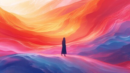 Ethereal Desert: Lonely Girl in Colorful Line Illustration with Flowing Waves - obrazy, fototapety, plakaty