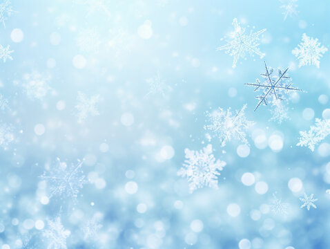 Magical Winter light blue background with snowflakes. Abstract magic wallpaper, beautiful pattern. 