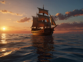 Fototapeta premium An ancient wooden ship sails the waves.