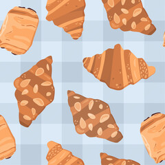 French pastries seamless vector pattern. Plain croissant, pain au chocolat and almond croissant illustrations. Repeat background design.