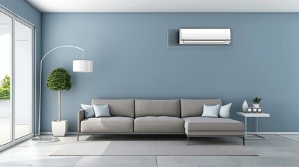 Modern blue living room featuring a comfortable gray sofa and air conditioner mounted on the wall, creating a relaxing and stylish ambiance. - Powered by Adobe