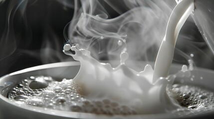 a close up of a cup of coffee with milk pouring out of the top of the cup and steam coming out of the top of the top of the cup.  - Powered by Adobe