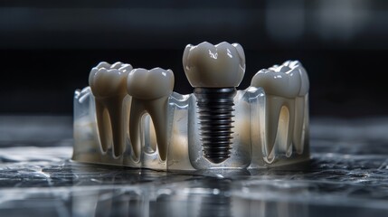 Fototapeta na wymiar Close-up of a dental implant model demonstrating oral care