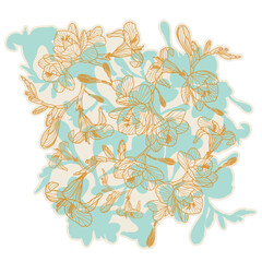 Freesia vector pattern. Hand drawn floral pattern in Bath Salt Green and Goldenrod Orange on Vintage White. Great for T-shirt prints, home decor, fashion fabrics, greeting cards and stationery.