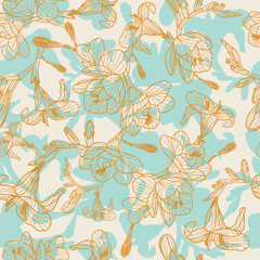 Freesia seamless vector pattern. Hand drawn floral pattern in Bath Salt Green and Goldenrod Orange on Vintage White. Great for modern wallpaper, home decor materials and fashion fabrics.