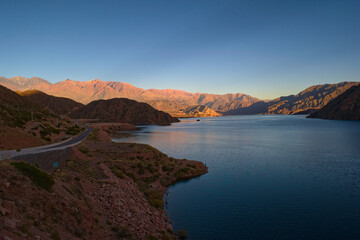 Lake Potrerillos, in Mendoza, Argentina, elevated view at dawn.
