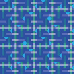 Modern playful checked pattern with tiled circular shapes on dark blue. Truchet geometric seamless background for interiors, wallpaper, fashion and all prints.